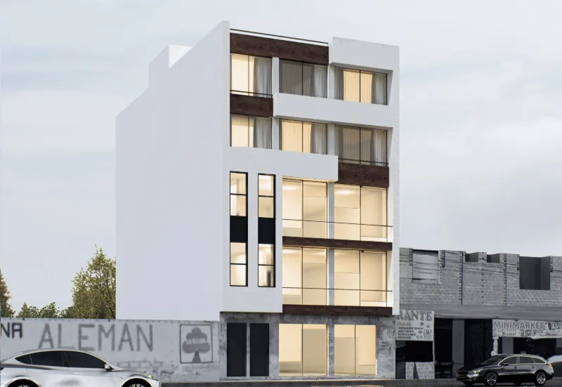 Edificio Colina Alemán en escorzo: fachada blanca con paños de madera y ventanales de piso a techo.
