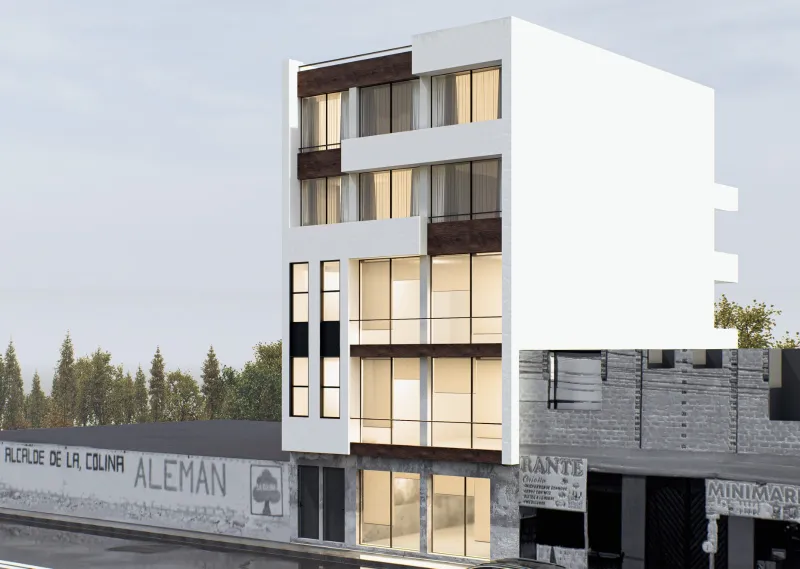 Vista frontal del edificio Colina Alemán, con el volumen ciego lateral en blanco.