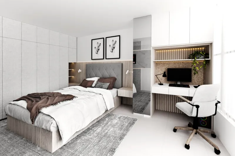 Dormitorio principal con cama, escritorio integrado y estantería de madera.