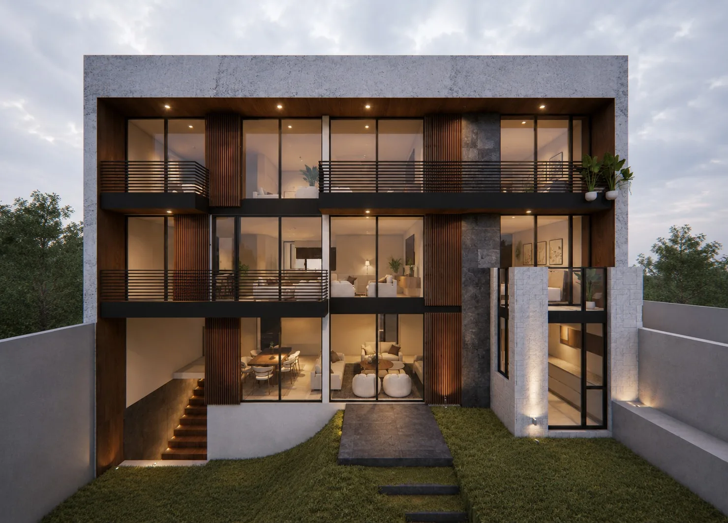 Render nocturno del edificio multifamiliar en ladera: fachada de piedra y madera, terrazas iluminadas sobre el jardín posterior.