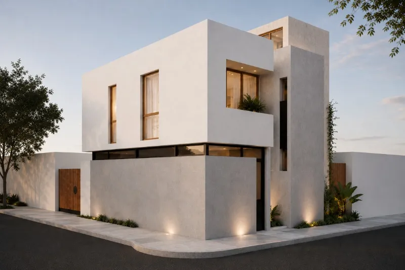 Acceso de la casa patio, con puerta de madera y vegetación contra el muro blanco.